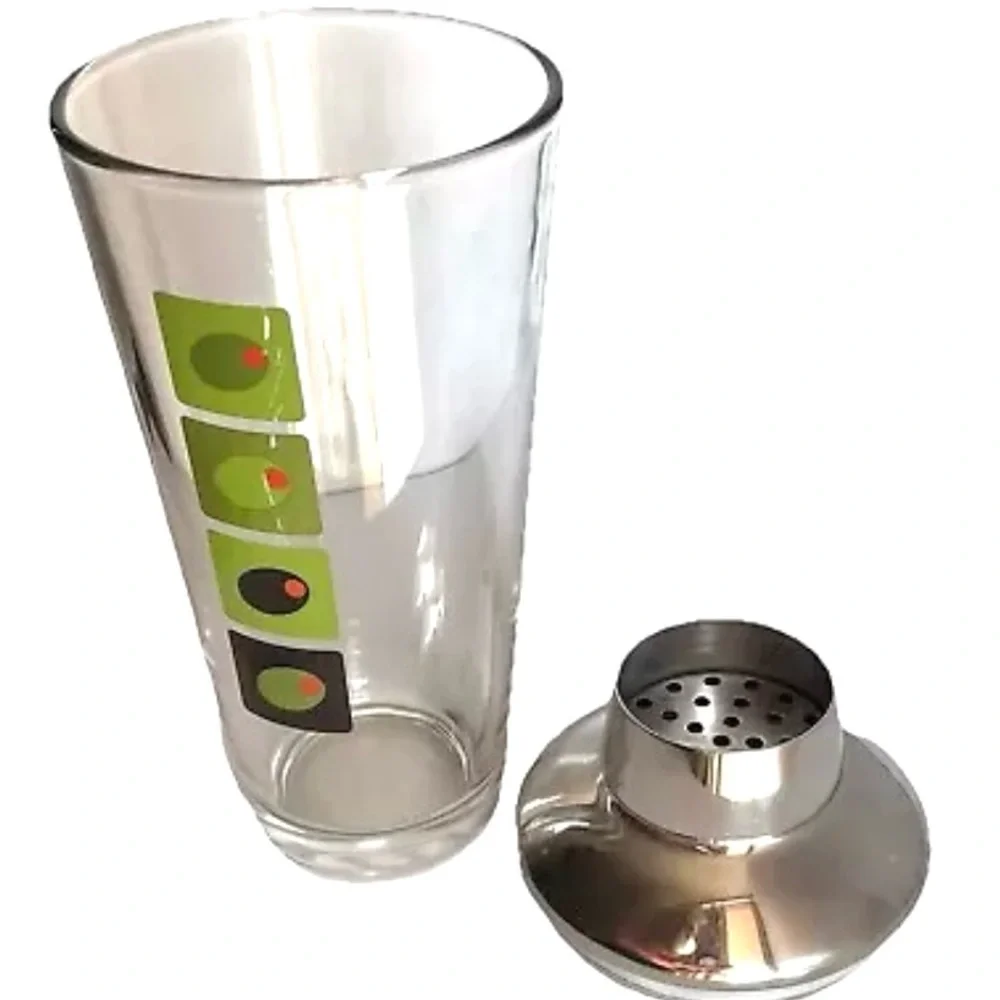 MCM Kitsch VTG Glass Olive Graphics Chrome Cocktail Shaker Martini Mixer**READ